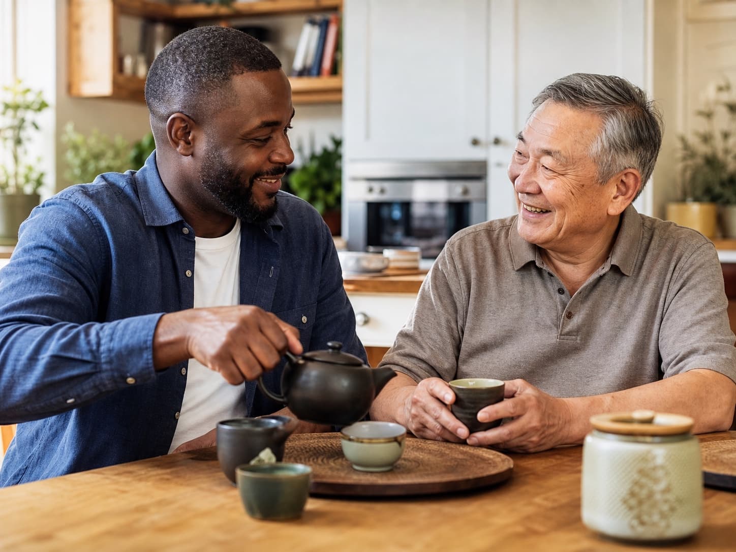Two people sharing a friendly conversation together