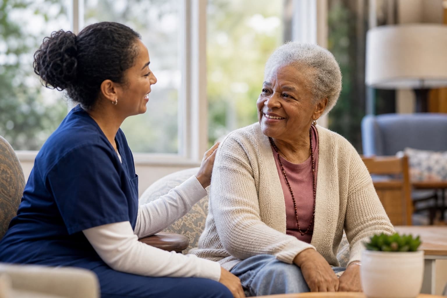 Trained memory care staff member speaking warmly with an older resident in a residential setting